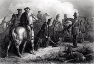 1847年2月22日至23日在布埃纳维斯塔的泰勒将军，由阿米蒂奇雕刻 作者 美国学校